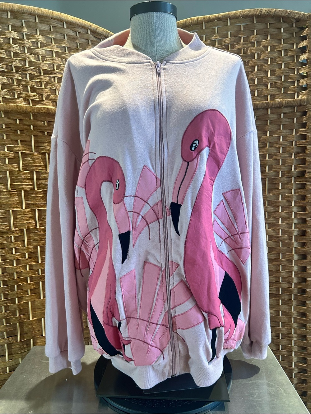 Pink Flamingo Appliqué Zip Front Sweatshirt Jacket Adolfo Sport XL